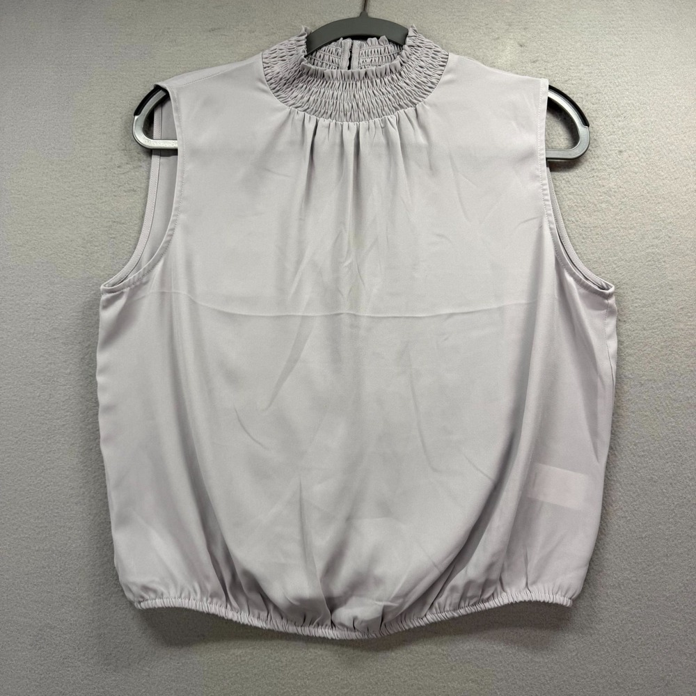 Express Sheer Blouse Top Womens Medium Light Gray Pleated Open Back Smocked Neck